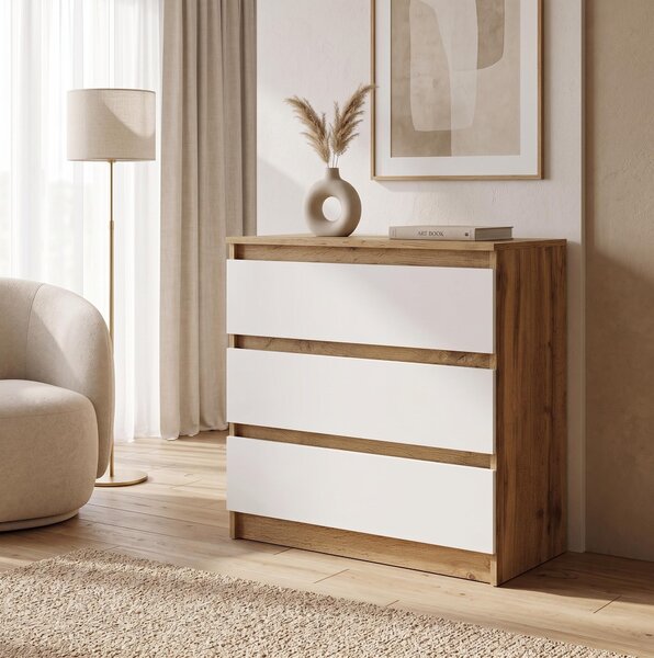 Moderní komoda se 3 zásuvkami | Bílá přídavná skříňka | Komoda se zásuvkami 70 x 74,5 x 40 cm | Do ložnice, obývacího pokoje a předsíně, Wotan/bílá