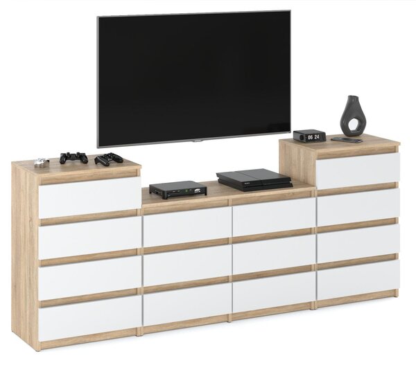 STIV Möbel | Komoda se 14 zásuvkami (4+6+4) | Dub Sonoma / Bílý Mat | 220 cm | moderní & bez úchytek | Ložnice & Obývací pokoj