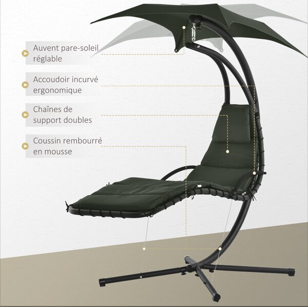Závěsné sluneční lehátko Outsunny s podnožkou a matrací, venkovní, s slunečníkem, moderní design 190L x 110Š x 190V cm | Aosom