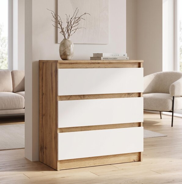 Moderní komoda se 3 zásuvkami | Bílá přídavná skříňka | Komoda se zásuvkami 70 x 74,5 x 40 cm | Do ložnice, obývacího pokoje a předsíně, Wotan/bílá