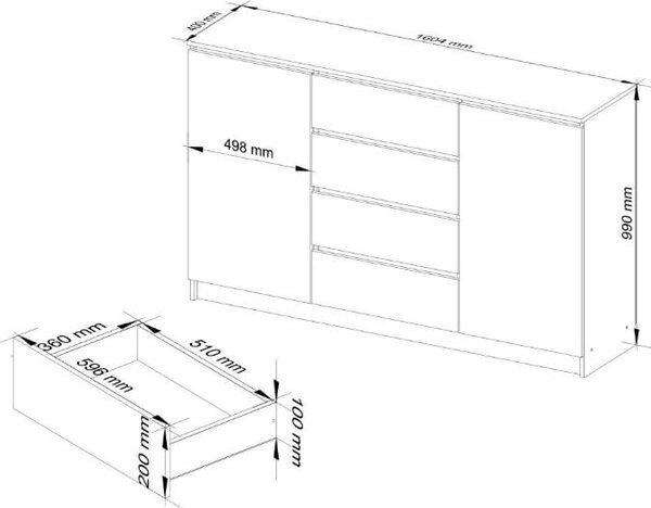 BDW, komoda se 4 zásuvkami, 160x40x99 cm, K160, bílá / lesklá černá