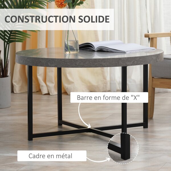 HOMCOM Kulatý Konferenční Stolek s Dřevem s Efektem Voskovaného Betonu a Metalu - Ø 80 x 45 cm - zkřížené nohy | Aosom
