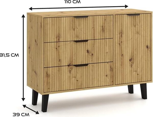 BDW, komoda se zásuvkami, ložnice, Scandi, 110×40×81,5 cm, dub Artisan