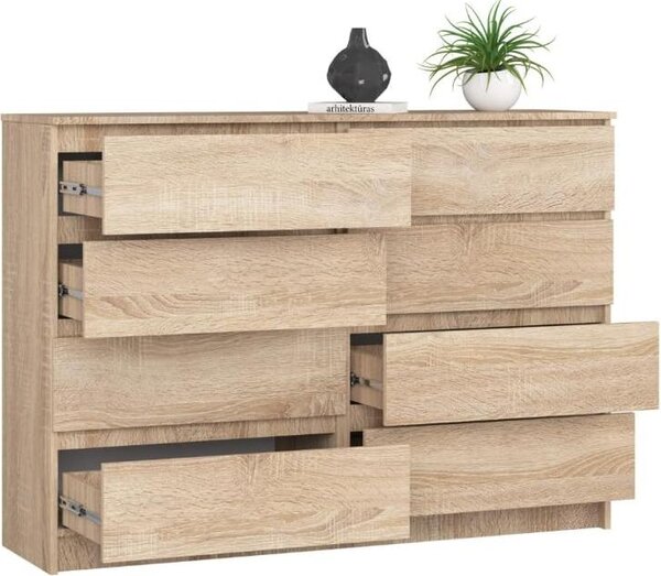 BDW, komoda s 8 zásuvkami, 138x40x99 cm, K140, dub Sonoma