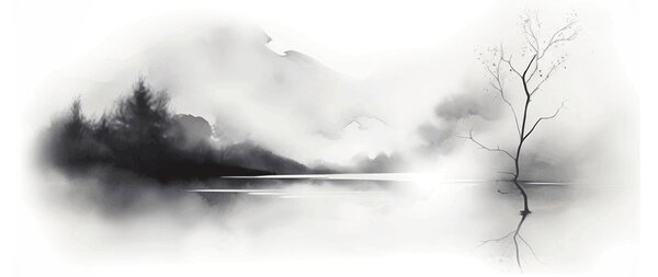 Skleněný obraz - Inkoustová malba krajiny (70x50 cm)