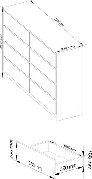 BDW, komoda s 8 zásuvkami, 138x40x99 cm, K140, dub Sonoma