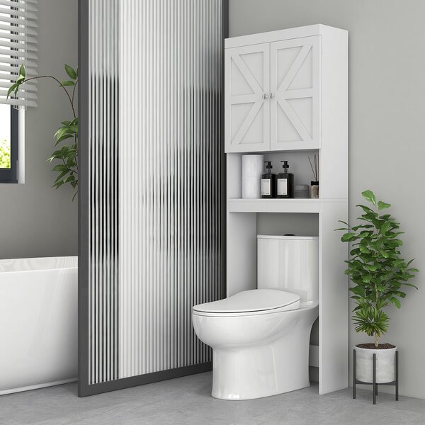 HOMCOM Skříňka na úložný prostor nad WC, Skříňka nad WC s 2-dveřovým cupboardem a otevřenou policí 58,5L x 23Š x 170V cm, Dřevěná - Bílá | Aosom