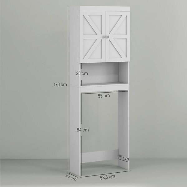 HOMCOM Skříňka na úložný prostor nad WC, Skříňka nad WC s 2-dveřovým cupboardem a otevřenou policí 58,5L x 23Š x 170V cm, Dřevěná - Bílá | Aosom