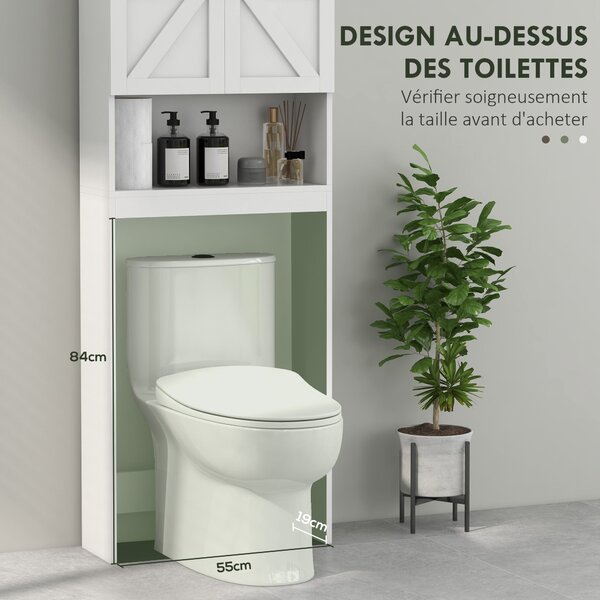 HOMCOM Skříňka na úložný prostor nad WC, Skříňka nad WC s 2-dveřovým cupboardem a otevřenou policí 58,5L x 23Š x 170V cm, Dřevěná - Bílá | Aosom