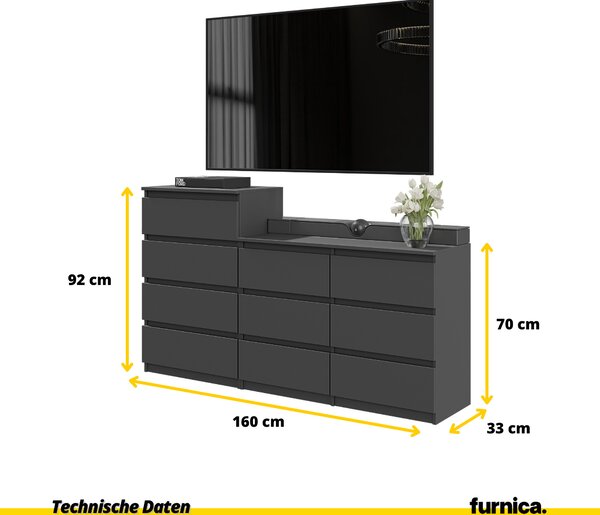 FURNICA - GABRIEL - Komoda s 10 zásuvkami (6+4) - antracitově šedá V92/70cm B160cm D33cm