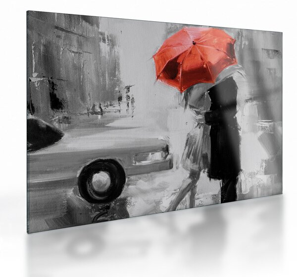 Skleněný obraz - Zamilovaný pár pod deštníkem, červený (70x50 cm)
