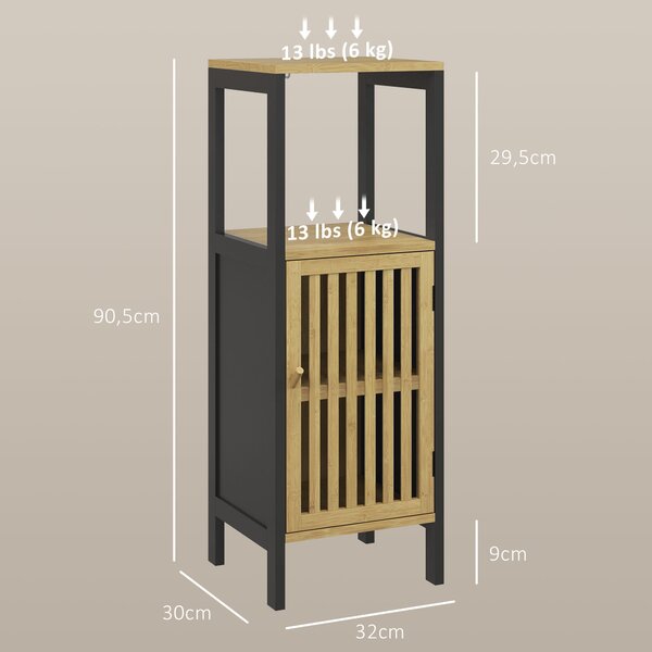 HOMCOM Nízká koupelnová skříňka z bambusu s 1-dveřovou skříňkou a otevřenou nikou 32 x 30 x 90,5 cm, Černá a dřevo | Aosom