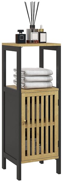 HOMCOM Nízká koupelnová skříňka z bambusu s 1-dveřovou skříňkou a otevřenou nikou 32 x 30 x 90,5 cm, Černá a dřevo | Aosom