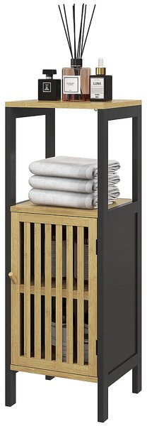 HOMCOM Nízká koupelnová skříňka z bambusu s 1-dveřovou skříňkou a otevřenou nikou 32 x 30 x 90,5 cm, Černá a dřevo | Aosom