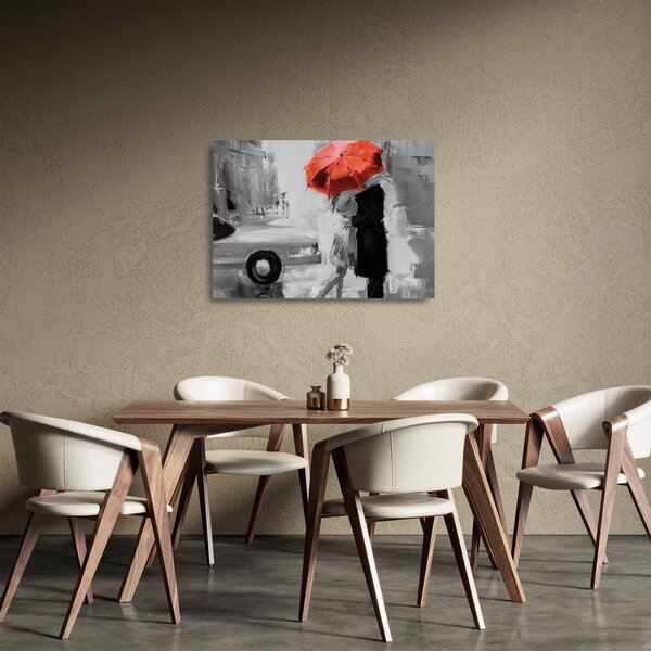 Skleněný obraz - Zamilovaný pár pod deštníkem, červený (70x50 cm)