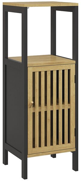 HOMCOM Nízká koupelnová skříňka z bambusu s 1-dveřovou skříňkou a otevřenou nikou 32 x 30 x 90,5 cm, Černá a dřevo | Aosom
