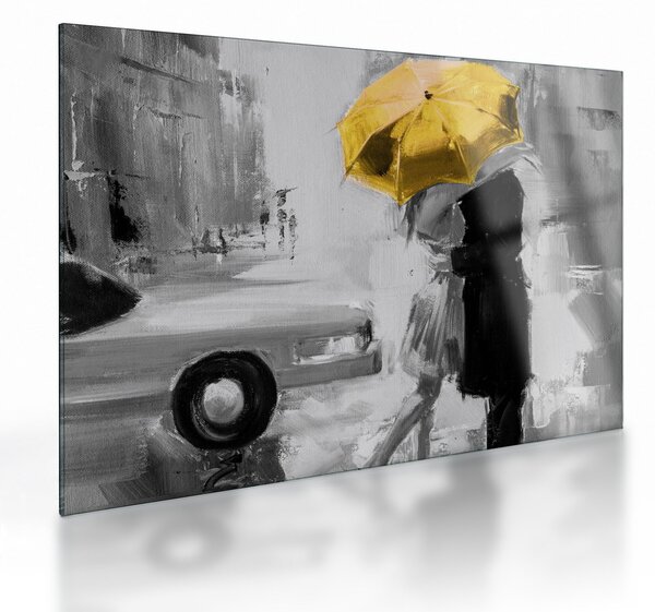 Skleněný obraz - Zamilovaný pár pod deštníkem, žlutý (70x50 cm)
