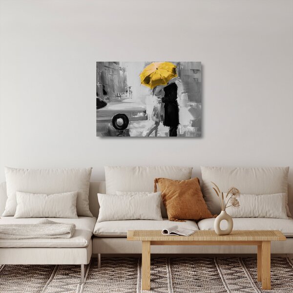 Skleněný obraz - Zamilovaný pár pod deštníkem, žlutý (70x50 cm)