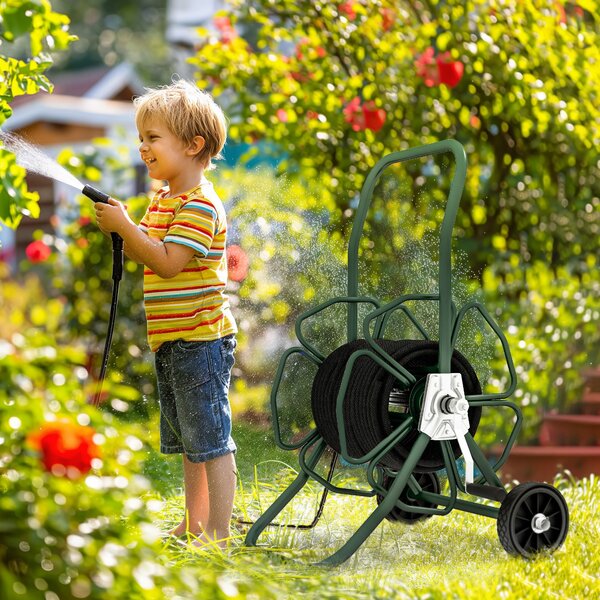 Outsunny Vozík na hadici s kolečky, 30 m hadice Ø16 mm, Vozík na hadici, Protiskl handles, Kov, Zelený | Aosom