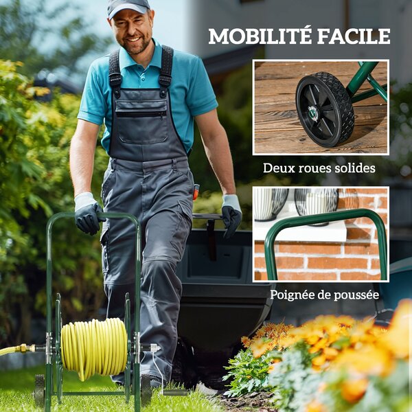 Outsunny Vozík na hadici s kolečky, 30 m hadice Ø16 mm, Vozík na hadici, Protiskl handles, Kov, Zelený | Aosom