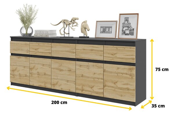 Komoda NOAH Antracit / Dub Wotan – Velká Komoda do Ložnice s 5 Zásuvkami a 5 Dvířky, Set Komod Š200 x V75 x H35 cm