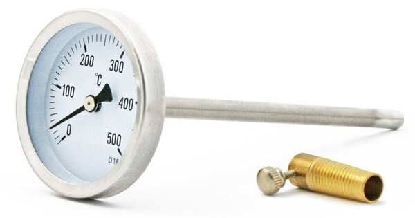 Teploměr 0–500 °C pro pec na pizzu, kamennou pec, pec na dřevo, elektrickou pec, udírnu | Ø 63 mm, číselníková sonda: 300 mm, nerezová ocel