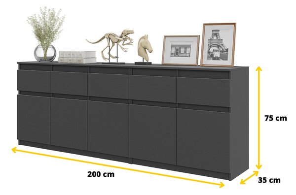 Komoda NOAH Antracit – Velká Komoda do Ložnice s 5 Zásuvkami a 5 Dvířky, Set Komod Š200 x V75 x H35 cm