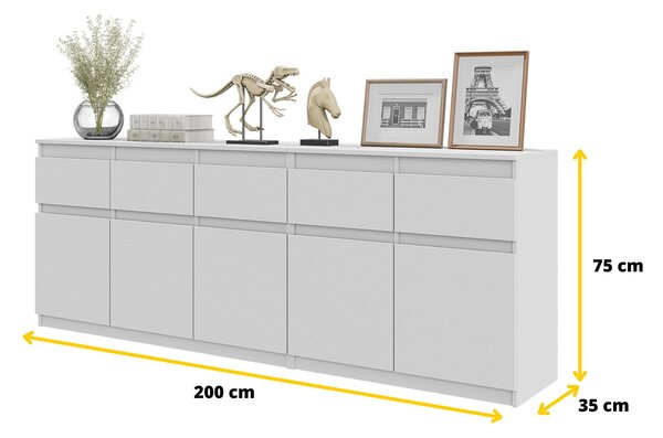 Komoda NOAH Bílá Mat – Velká Komoda do Ložnice s 5 Zásuvkami a 5 Dvířky, Set Komod, Úložná Skříň Š200 x V75 x H35 cm