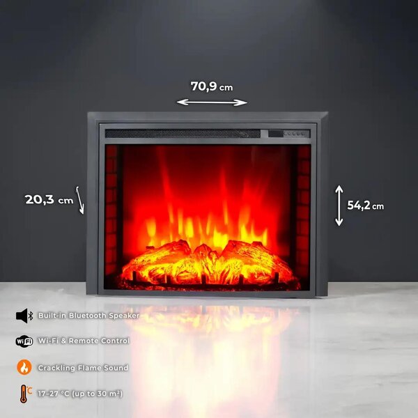 Elektrický krb „EF4“ 1800 W | Bluetooth reproduktor | Efekt plamenů | Dálkové ovládání přes Wi-Fi | Topení 17–27 °C | DLC Home