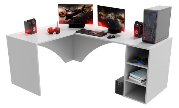 Rohový herní pc stůl Carbon (bílá) (L) (s RGB LED osvětlením)
