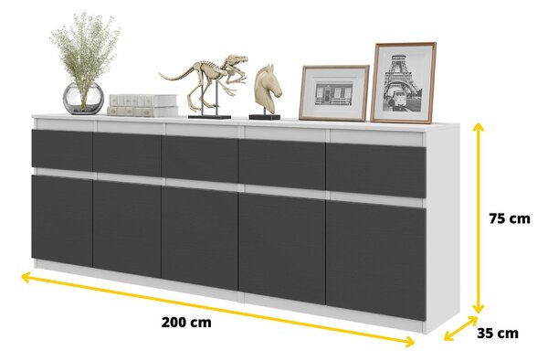 Komoda NOAH Bílá Mat / Antracit – Velká Komoda do Ložnice s 5 Zásuvkami a 5 Dvířky, Set Komod Š200 x V75 x H35 cm