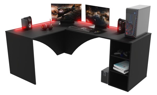 Rohový herní pc stůl Carbon (černá) (L) (s RGB osvětlením)