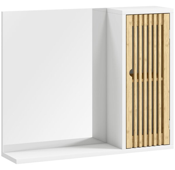 HOMCOM Koupelnová skříňka se zrcadlem, Koupelnové zrcadlo se policí, Dveře z bambusových latěk a nastavitelná police, 60 x 14 x 50 cm, Bílá | Aosom