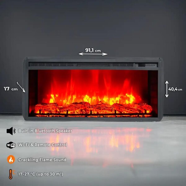 Elektrický krb „EF2“ 1800 W | Bluetooth reproduktor | Efekt plamenů | WLAN dálkové ovládání | Topení 17–27 °C | DLC Home