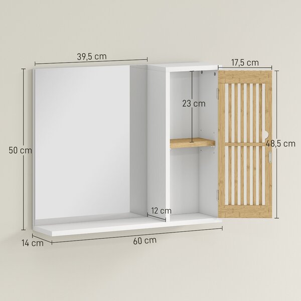HOMCOM Koupelnová skříňka se zrcadlem, Koupelnové zrcadlo se policí, Dveře z bambusových latěk a nastavitelná police, 60 x 14 x 50 cm, Bílá | Aosom