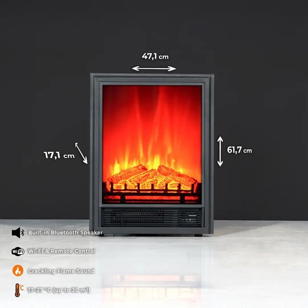 Elektrický krb „EF1“ 1800 W | Bluetooth reproduktor | Efekt plamenů | Dálkové ovládání přes Wi-Fi | Topení 17–27 °C | DLC Home