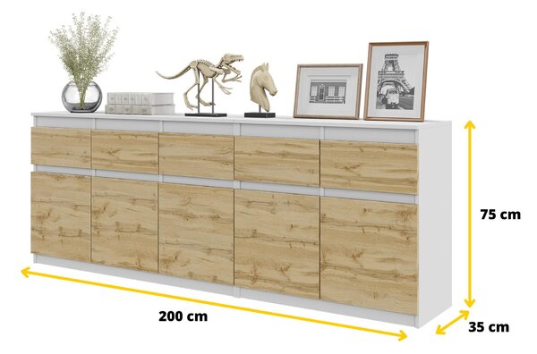 Komoda NOAH Bílá Mat / Dub Wotan – Velká Komoda do Ložnice s 5 Zásuvkami a 5 Dvířky, Set Komod Š200 x V75 x H35 cm