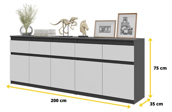 Komoda NOAH Antracit / Bílá Mat – Velká Komoda do Ložnice s 5 Zásuvkami a 5 Dvířky, Set Komod Š200 x V75 x H35 cm