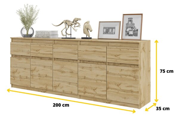 Komoda NOAH Dub Wotan – Velká Komoda do Ložnice s 5 Zásuvkami a 5 Dvířky, Set Komod Š200 x V75 x H35 cm