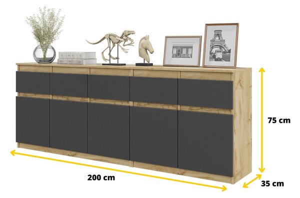 Komoda NOAH Dub Wotan / Antracit – Velká Komoda do Ložnice s 5 Zásuvkami a 5 Dvířky, Set Komod Š200 x V75 x H35 cm
