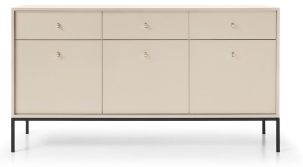 Komoda se třemi zásuvkami a třemi dvířky, béžová, černé úchytky, 154 x 39 x 83 cm