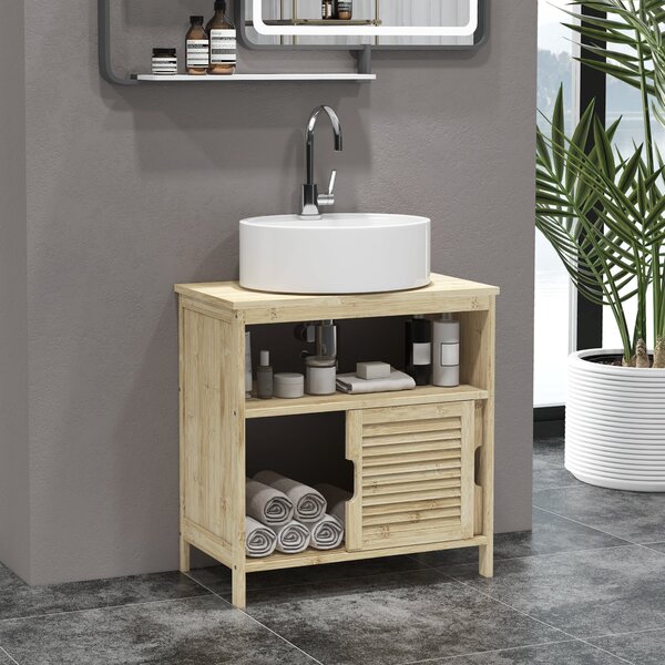 HOMCOM Bambusový skříňka pod umyvadlo, Koupelnová skříňka s 2 posuvnými dveřmi, 60 x 30 x 60 cm, Přírodní dřevo | Aosom