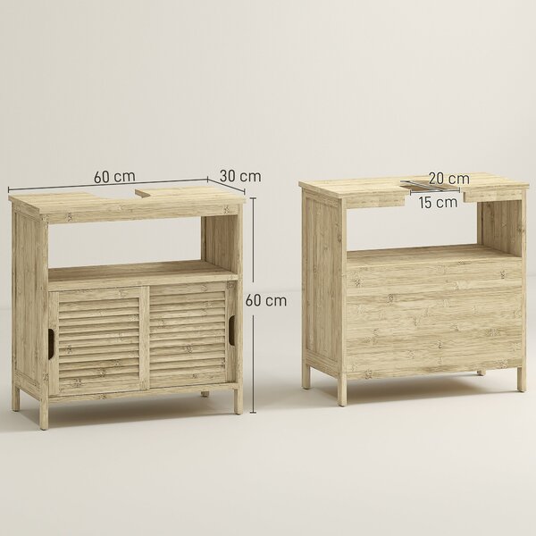 HOMCOM Bambusový skříňka pod umyvadlo, Koupelnová skříňka s 2 posuvnými dveřmi, 60 x 30 x 60 cm, Přírodní dřevo | Aosom
