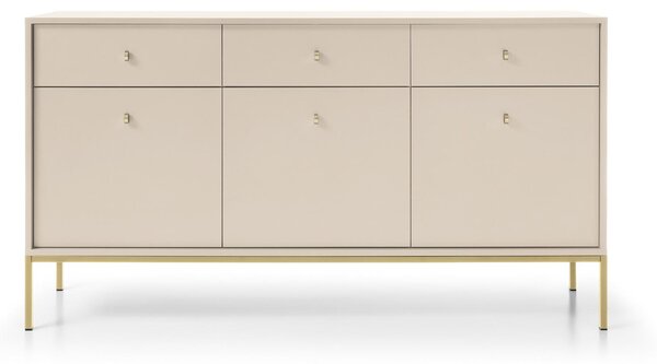 Komoda se třemi zásuvkami a třemi dvířky, barva béžová, zlaté úchytky, rozměry 154 x 39 x 83 cm