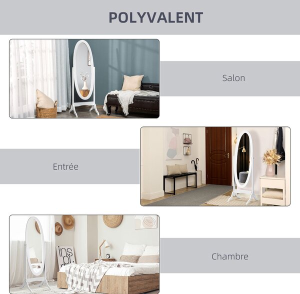 HOMCOM Oválné zrcadlo v stylu shabby chic s nastavitelným náklonem, 48D x 46Š x 147V cm, MDF Bílá | Aosom