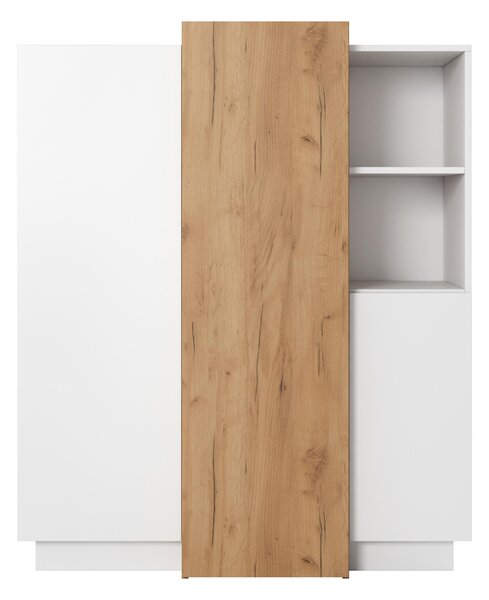 Moderní komoda do obývacího pokoje nebo ložnice, bílá/dřevo dub Craft Gold, rozměry 110 x 45 x 133,5 cm