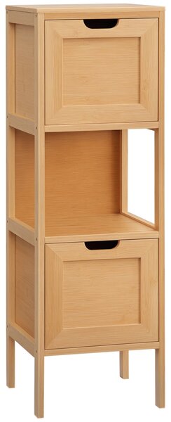 Kleankin volně stojící koupelnová skříňka se skříňkami a bambusovými nohami, 2 odnímatelné zásuvky a 1 police - přírodní design - 30 x 30 x 90 cm | Ao