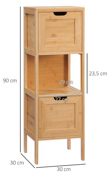 Kleankin volně stojící koupelnová skříňka se skříňkami a bambusovými nohami, 2 odnímatelné zásuvky a 1 police - přírodní design - 30 x 30 x 90 cm | Ao
