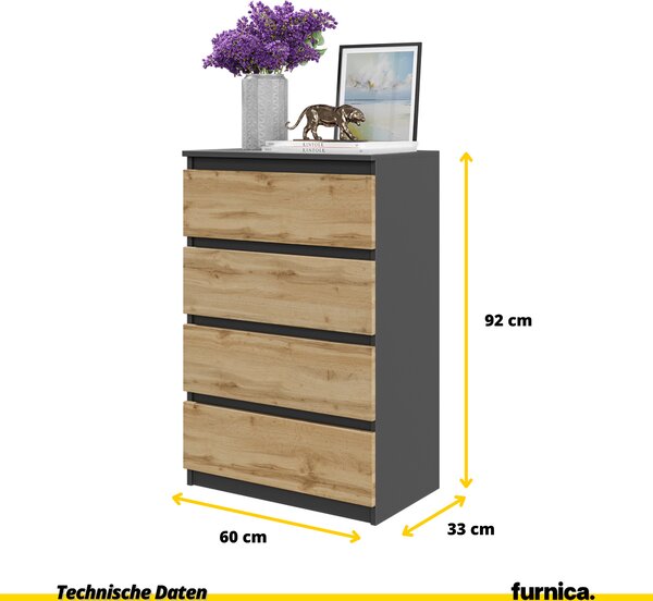 FURNICA - GABRIEL - Komoda / příborník se 4 zásuvkami - antracitově šedá / dub Wotan V92cm Š60cm H33cm