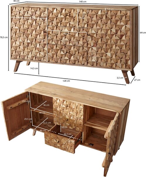 Komoda FineBuy z masivního akáciového dřeva, 140 cm, 2 dvířka a 3 zásuvky – masivní retro komoda s designovým čelem – přírodní komoda – ručně vyrobená v industriálním stylu